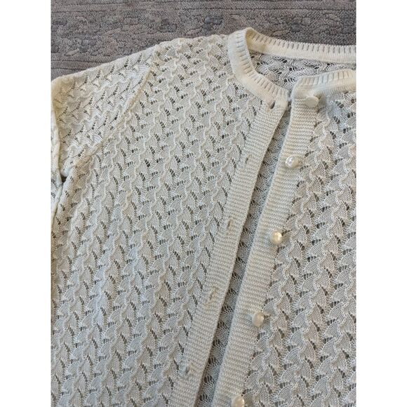 Vtg Cream Eyelet Knit Crew Cardigan - Picture 3 of 5